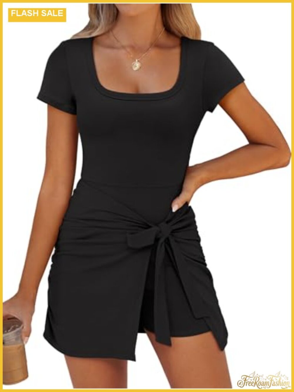 Women's Bodycon Romper Dress Square Neck Short Sleeve Self Tie Summer Vacation